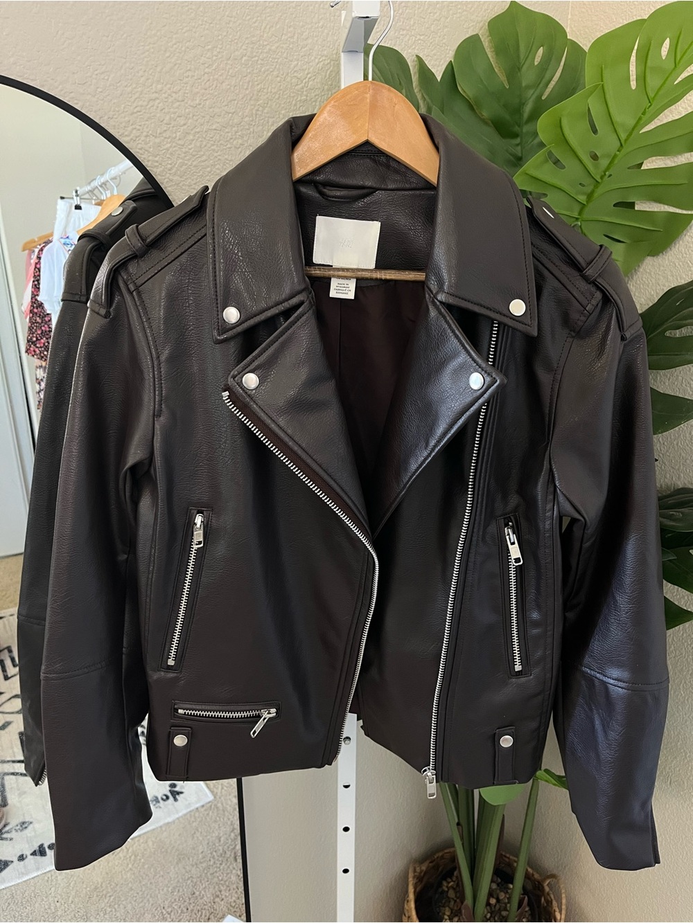 🤎 H&M Espresso Brown Faux Leather Moto Jacket Sz XS | Edgy Chic Biker